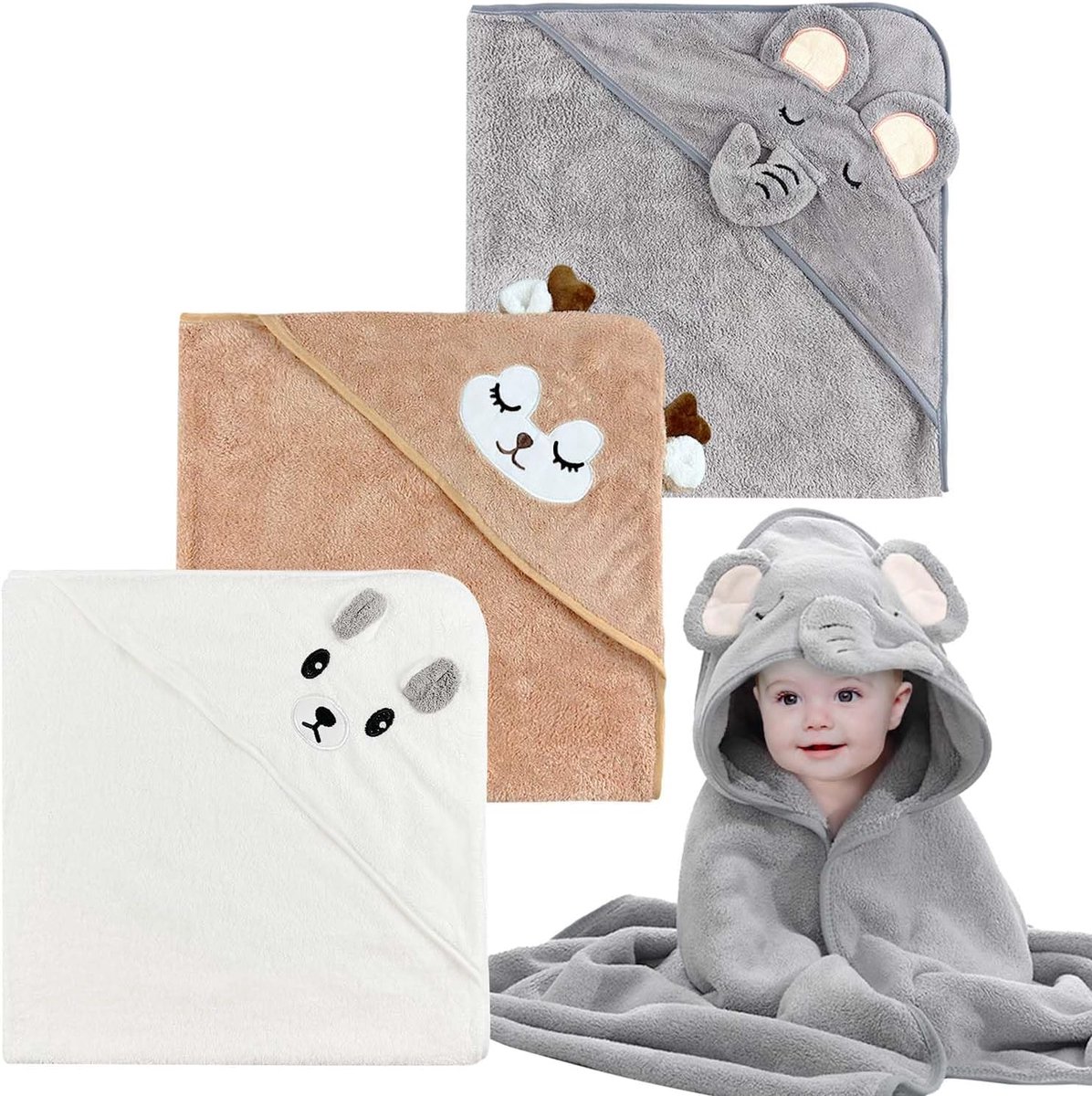 SnelShoppen - Babyhanddoek 3 stuks, Super Absorberend, 80x80 cm, Capuchon, Bamboe, Badhanddoeken voor Zwembad, Strand en Douchen
