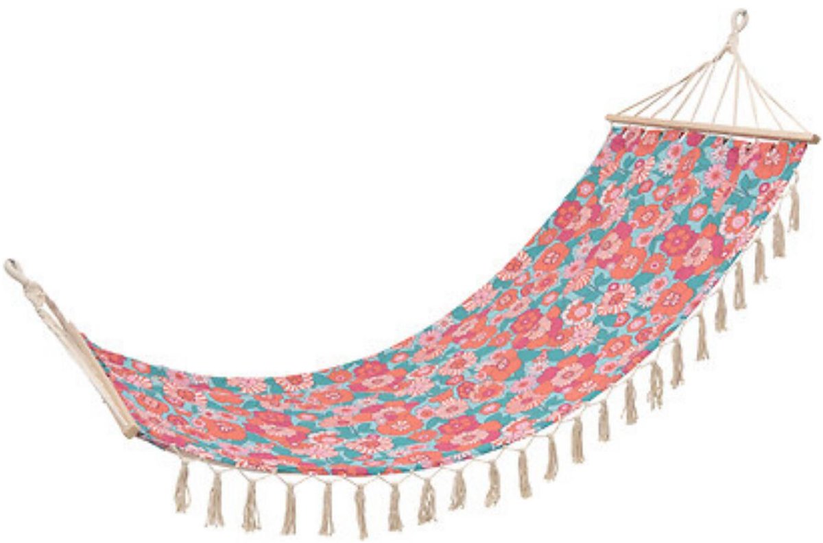 5Five Hangmat Flower Power - retro bloemenprint - 270 x 80 cm - met touw franjes