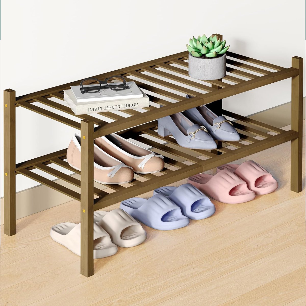 Smiry Schoenenrek (2 niveaus) - Bamboe Schoenenrek - Houten Schoenenkast -Schoenenrek hout - 68x28x33cm - Walnoothoutkleur
