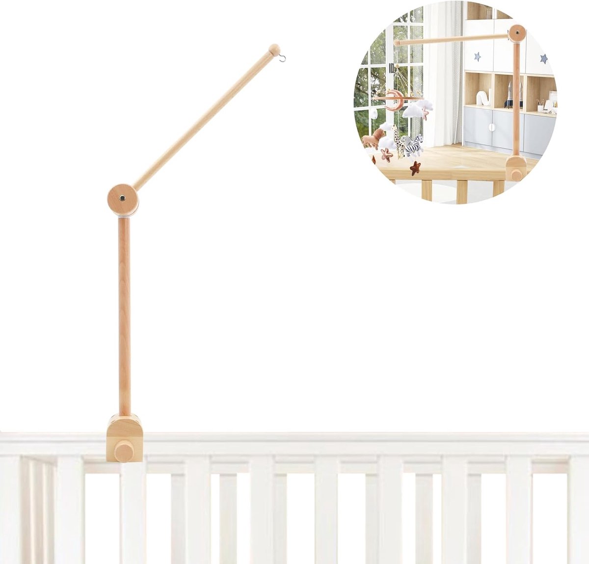 SnelShoppen - Baby Wieghouder Houten Kinderbedje Mobiele Arm 360° Rotatie Verstelbare Hoek DIY voor Babywiegarm Speelgoed Kinderkamer Decor Mount Bed