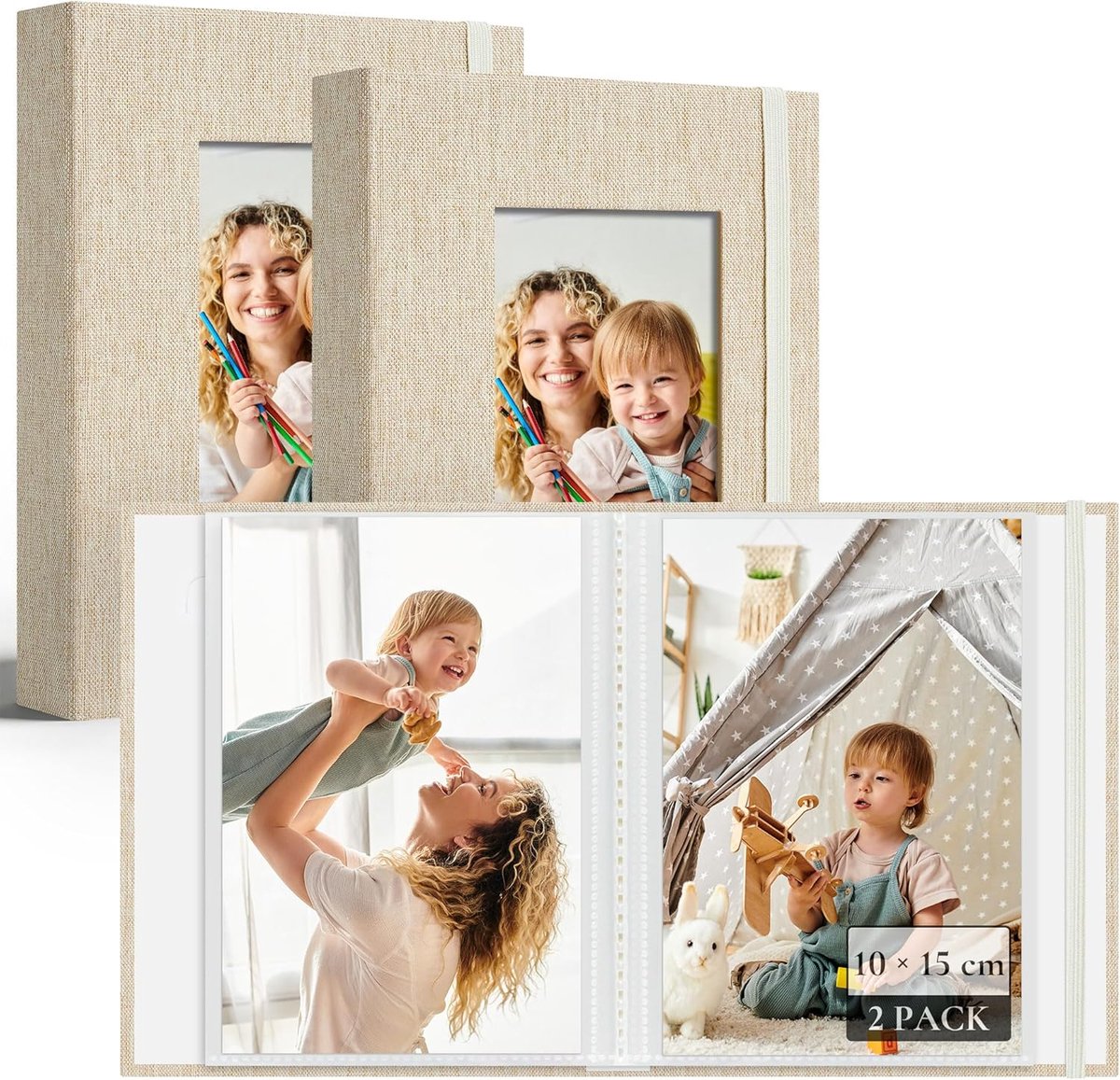 SnelShoppen - Klein Fotoalbum 10 x 15 cm - 2 Verpakkingen Linnen Omslag - Mini-Fotoalbums voor 52 Foto's - Beige - Ideaal voor Familie, Baby, Bruiloft