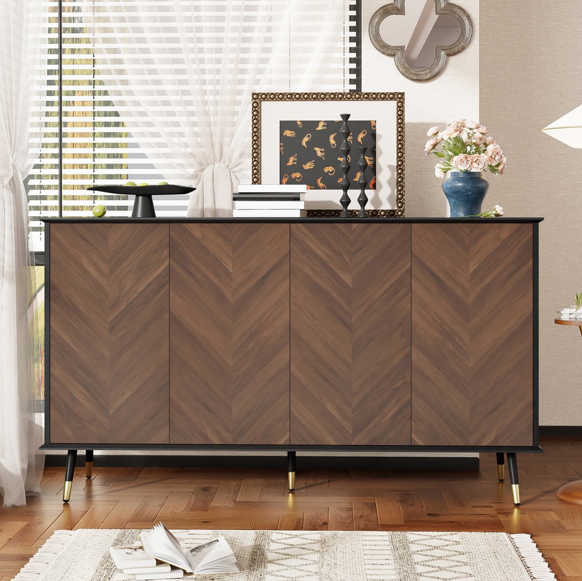 Wishdor - Dressoir - Visgraatmotief - 4 deuren met verstelbare planken - Modern - Woonkamer, hal of eetkamer - Houtlook en metalen poten - Zwart bruin - 140 x 40 x 80 cm