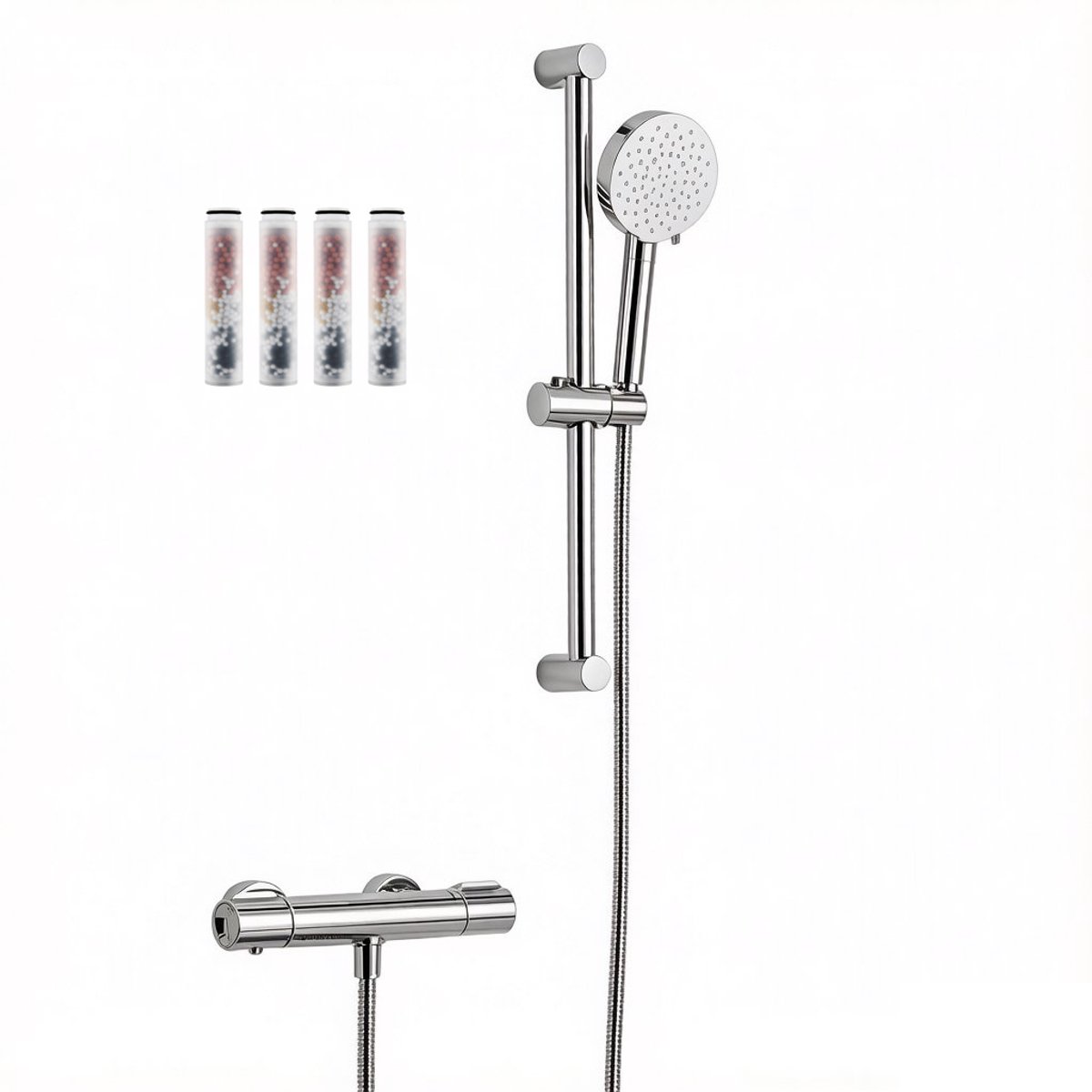 Auralum Max Doucheset - Thermostatische Douchekraan - met 70 cm Glijstangset - Hogedruk Douchekop - 6 Standen Handdouche - met 4 Filters - 1,5m Slang - Waterbesparend - Wit / Chroom