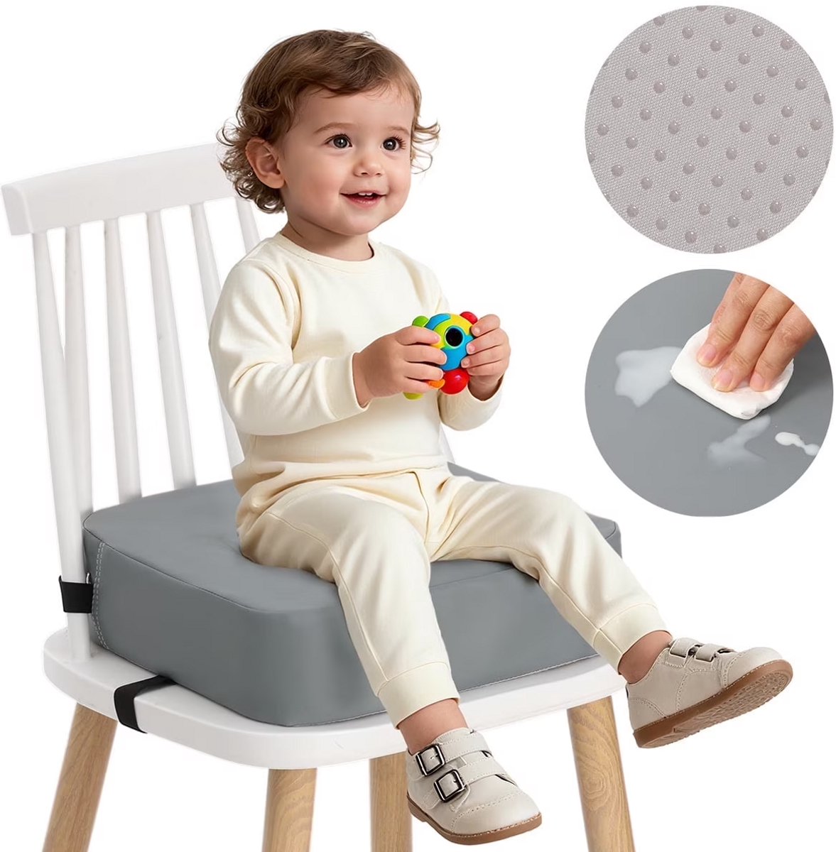 Stoelverhoger Kinderen voor Eettafel – Peuter Booster Seat Zitkussen met Veiligheidsriemen en Antislip Basis – Hoogwaardig Schuim Verhoogkussen – Grijs