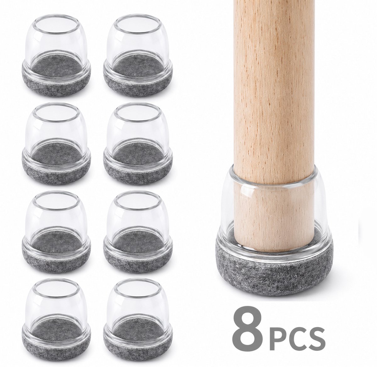 Ronde Meubelpootdoppen – Stoelpootdoppen – TPE + Vilt – Anti-Kras & Geluidsdempend – Voor Stoelen, Tafels & Meubels – Thuis & Kantoor – Transparant/Grijs – 14-19 mm – 8 Stuks