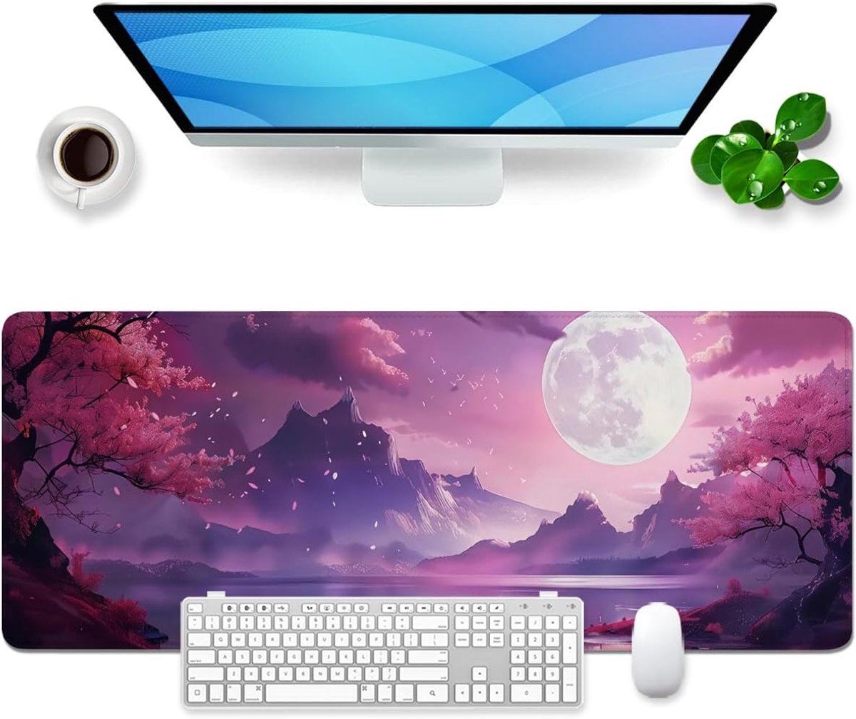 SnelShoppen - XL Gaming Muismat Kersenbloesem Roze - Grote Bureaumat 80 x 30 cm - Japanse Kantooraccessoires - Anime Bureauonderlegger - Optimale Cont