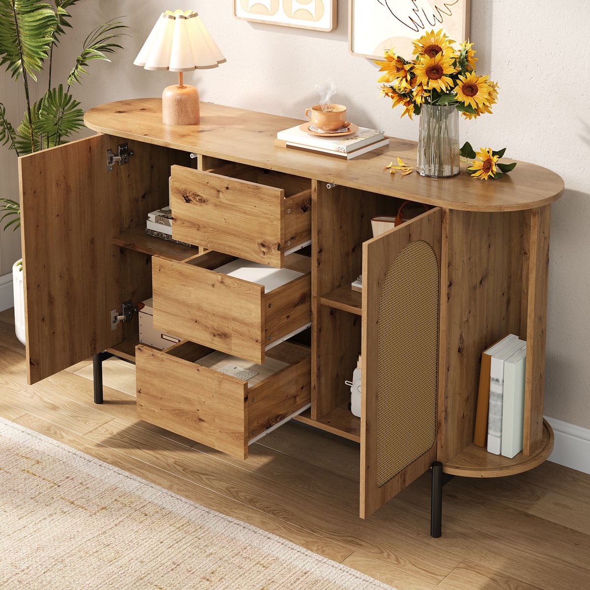Wishdor - Dressoir - Ovale opbergkast met 3 lades en verstelbare planken - Scandinavische stijl - Woonkamer of hal - Houtlook en rattan - Natuur - 140 x 38 x 77,5 cm