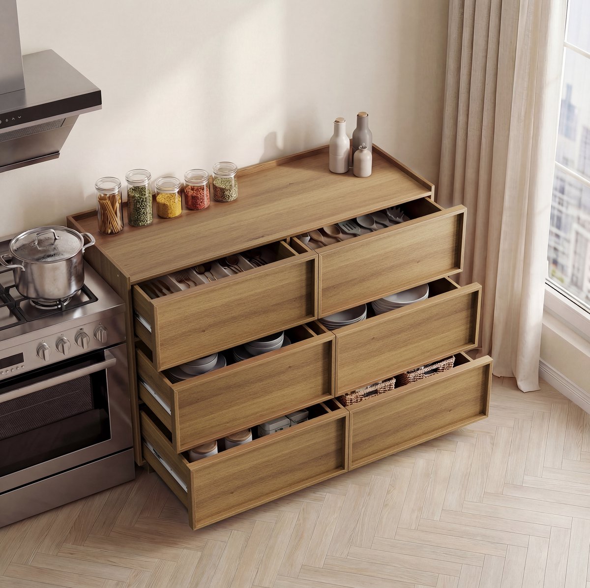 Wishdor - Kast - Zes lades - Greeploze opbergkast - Modern minimalistisch - Woonkamer en slaapkamer - Houtlook - Eiken - 115 x 48 x 78 cm