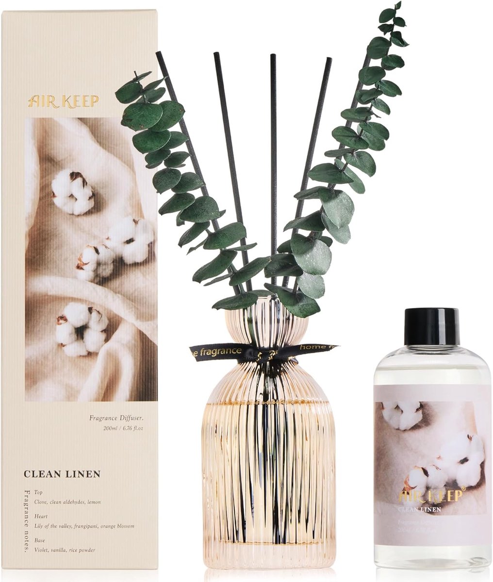 SnelShoppen - Geurdiffuser 200 ml - Clean Linen - Huisparfum met Geurstokjes - Decoratieve Glazen Fles voor Badkamer, Slaapkamer, Woonkamer en Kantoor