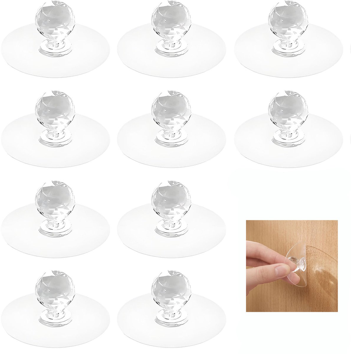 10-stuks Zuignap zonder boren - Zelfklevende kastgreep - Ronde deurgreep - Zelfklevende greep - Kristallen knop - Ladegreep - 5*5*2,3 cm - Geschikt voor kledingkasten, keukenkastjes, badkamers, enz. - Transparant