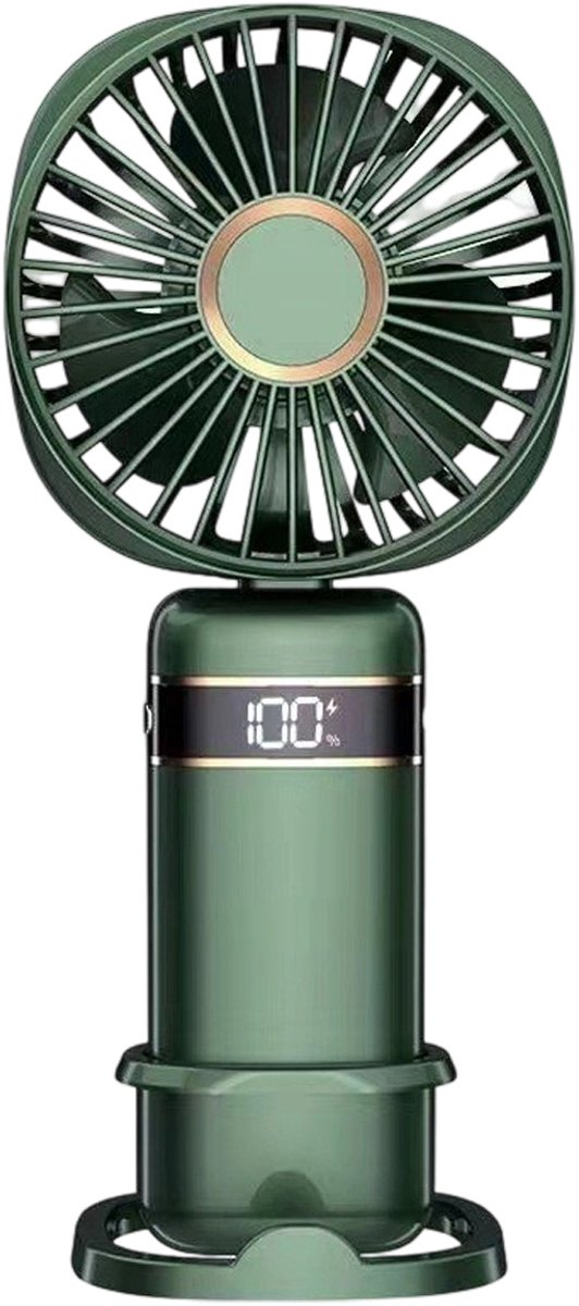 Draagbare mini-ventilator met 5 snelheden en digitaal display – oplaadbaar via USB, inclusief standaard; geschikt voor thuis, kantoor, reizen en buiten