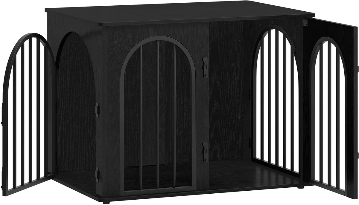 NordHaus Hondenkooi Meubel - Luxe Hondenbox voor Binnen - Hondenbench met 3 Deuren - Boogdesign - Bijzettafel - Heavy Duty - Zwart - 80 cm