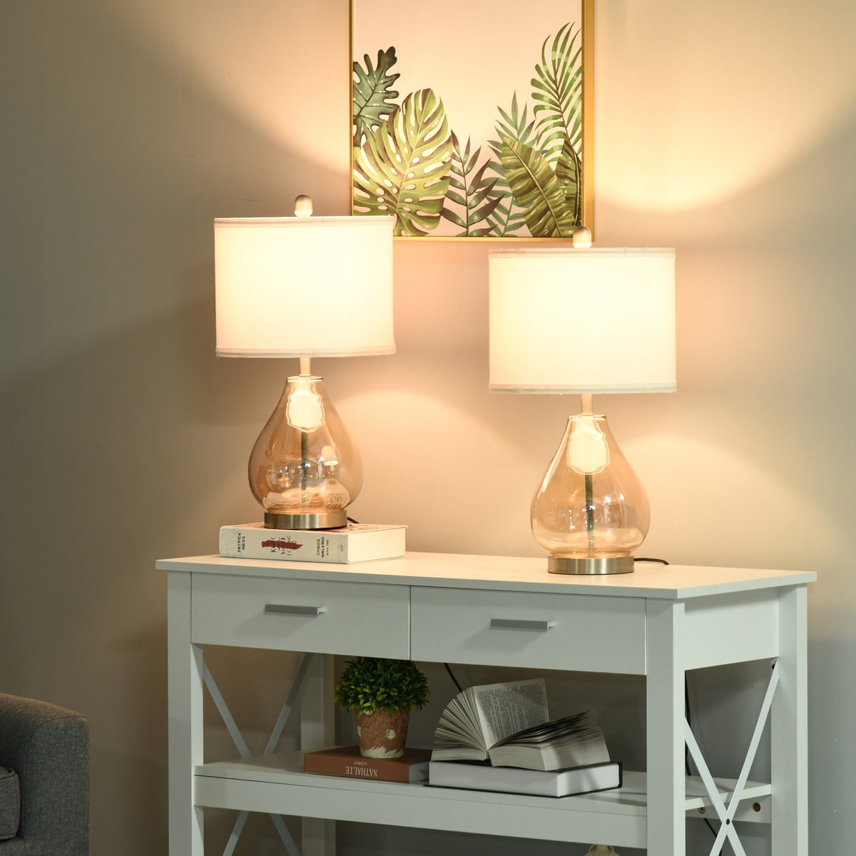 TEKROA® Set van 2 Tafellampen met Linnen Kap - Druppelvormig Glas - E27 Bedlampje voor Slaapkamer & Woonkamer - Wit