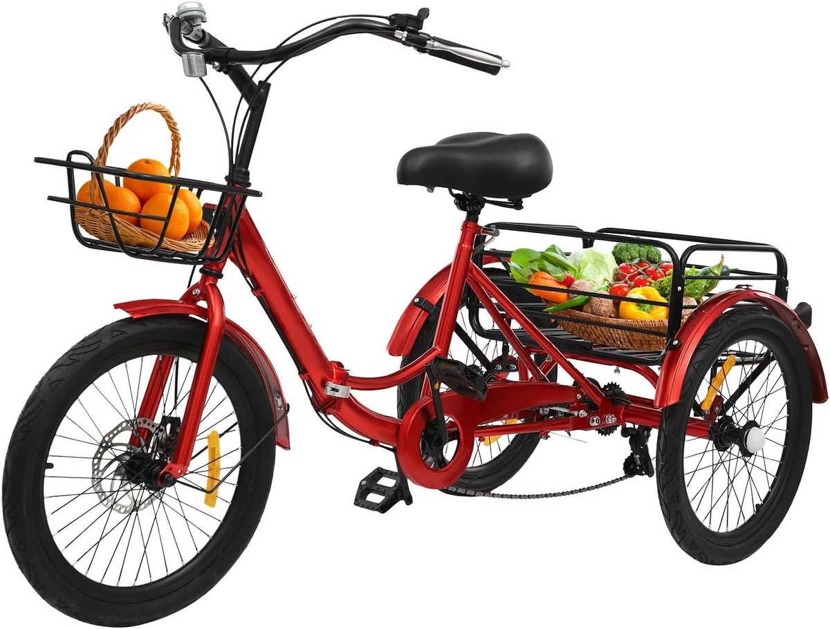 Opvouwbare driewieler - Volwassen fiets - Boodschappen doen - 7 versnellingen - 20 inch - Rood