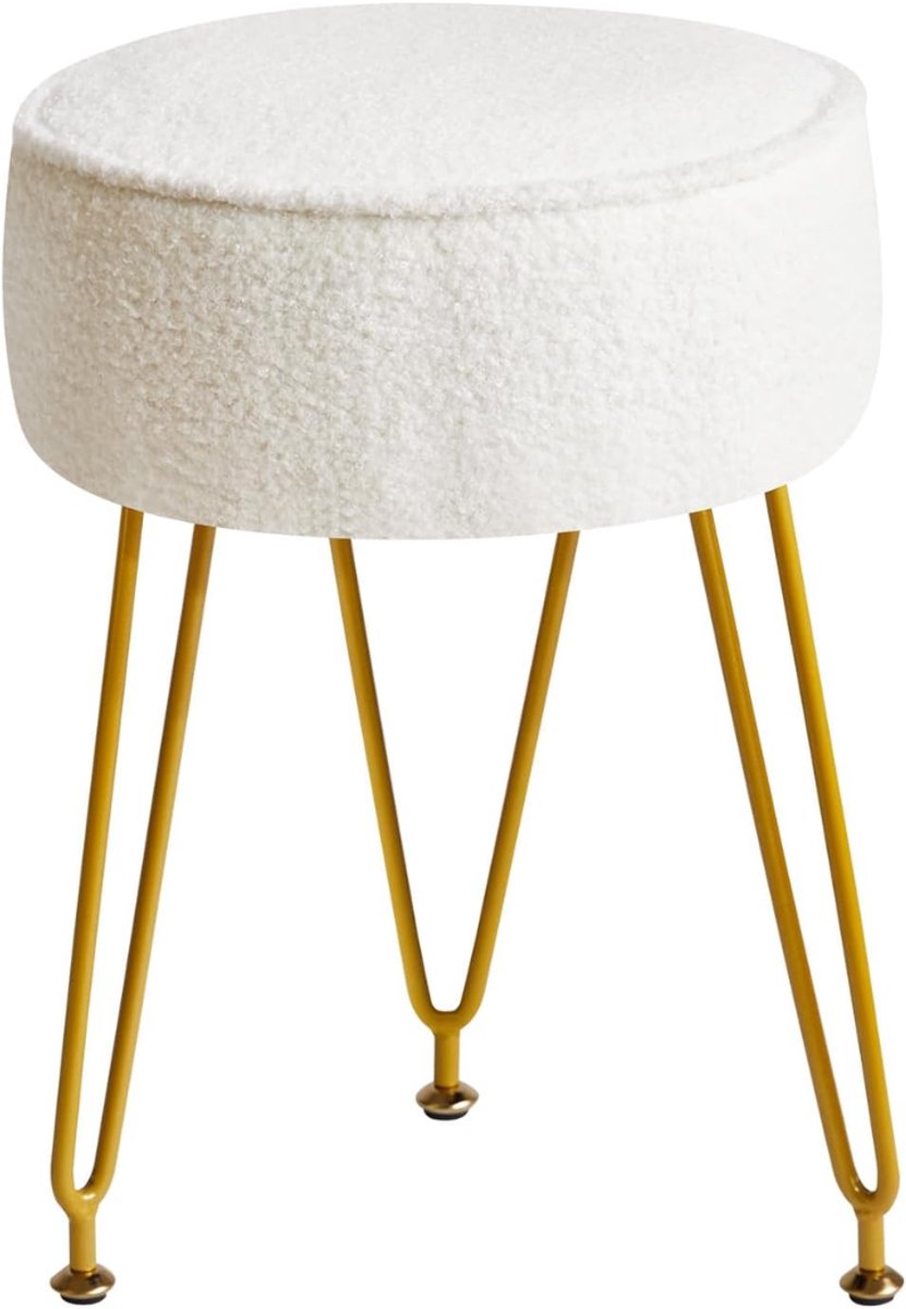 KIRA® Kaptafel Stoel - Teddy Velvet Ronde Voetenbank/Ottoman - Make Upkaptafel - Wit - 30cm x 30cm x 46cm