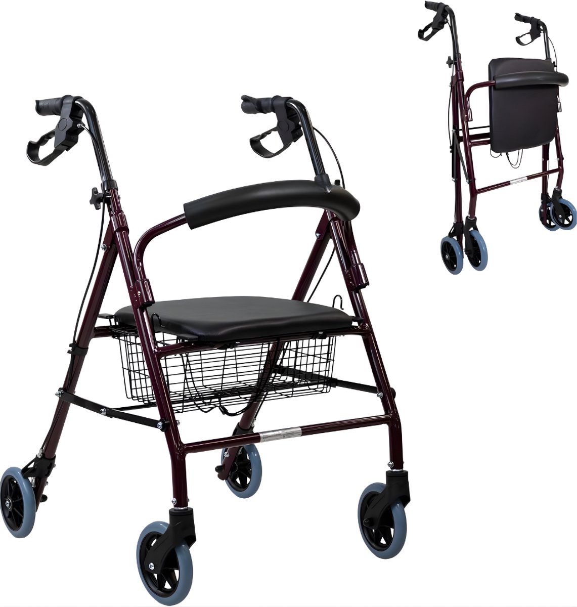 KIRA® Rollator Lichtgewicht En Ppvouwbaar - Opvouwbaar En Verstelbaar - Aluminium Met Mand En Zitje - Zwart - ‎77cm x 60cm x 93cm
