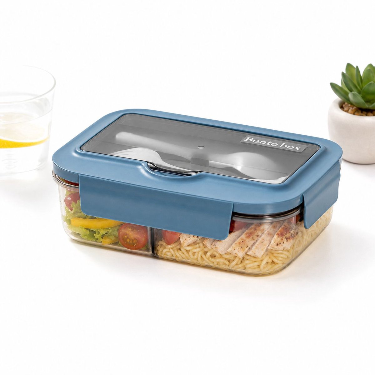 VHV - Broodtrommel - Lunchbox - Lunchbox met 2 Vakken - 1000ml - Blauw - Lekvrije Broodtrommel met Siliconen Afdichting - 4-zijdige Kliksluiting - BPA-vrij - 20.1x14.5x5 cm