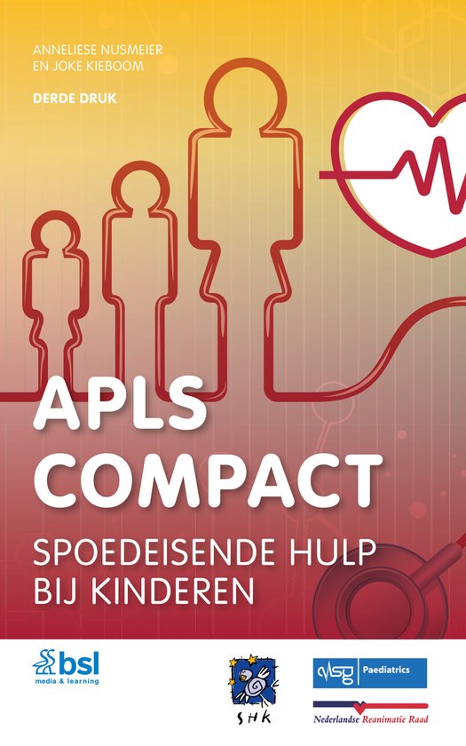 Boekomslag APLS Compact, Spoedeisende hulp bij kinderen. Met rode silhouetten van een gezin en een hartslaglijn.
