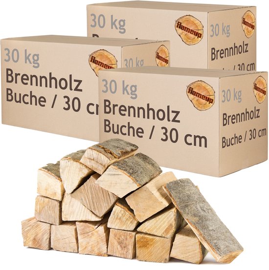 Twee dozen met "Brennholz Buche / 30 cm" en gestapeld beukenhout.