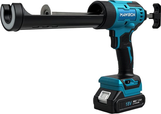 Blauw en zwart elektrisch kitpistool met 18V batterij.