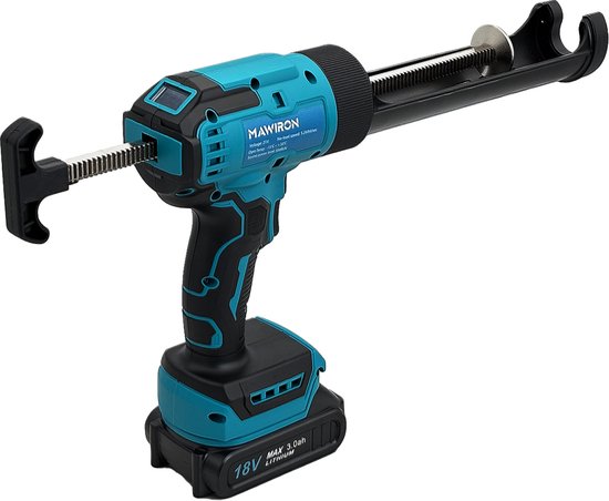Blauw en zwart MAWIRON elektrisch kitpistool met 18V accu.