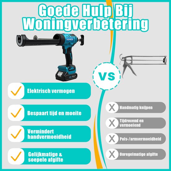 Afbeelding vergelijkt een elektrisch kitpistool met een handmatig kitpistool. Het elektrische model wordt aanbevolen.