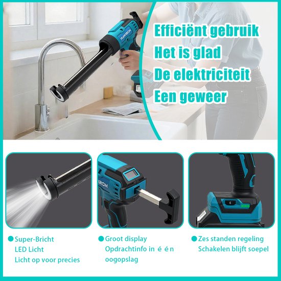 Blauw en zwart MAWIRON elektrisch kitpistool met LED-verlichting, display en snelheidsregeling.