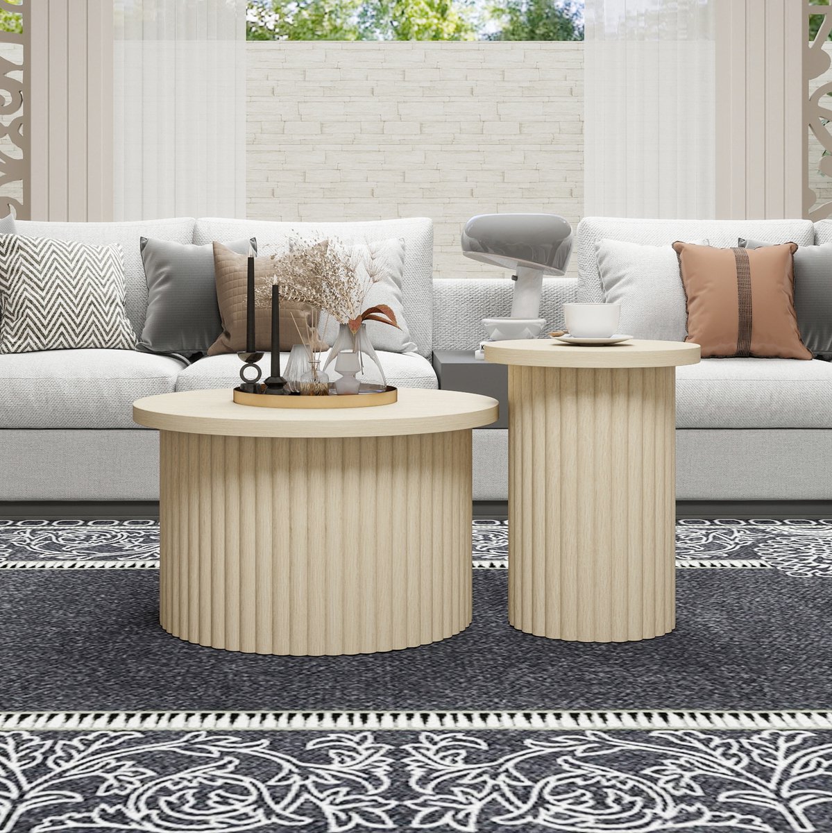 FloraGrace Salontafel Set Van 2 - Rond Design Met Golvende Houtnerf En Houtlook - Voor Woonkamer, Slaapkamer En Kantoor - MDF - Natuurlijk - 68,7 Cm