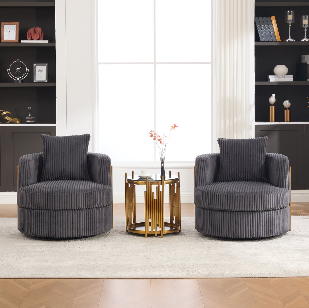 OKWISH Fauteuil - 2-Delige 360° Draaibare Fauteuil Met Opbergruimte - Zachte Cord Bekleding Voor Woonkamer En Slaapkamer - Grijs