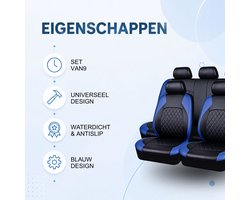 Set van 9 Autostoelhoezen - Universeel Waterdicht en Anti-Slip PU Leer - voor auto, suv, truck en van - Blauw Kunstleer - Grijs