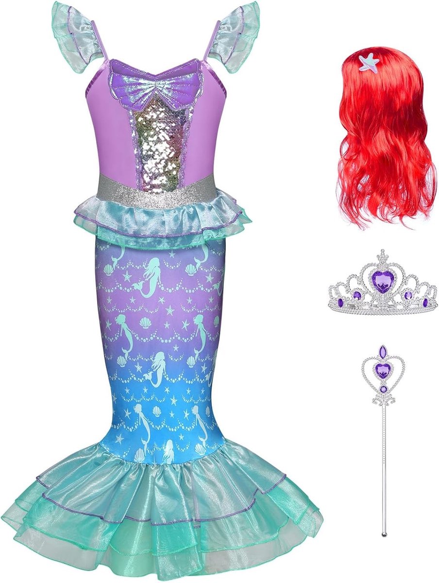 Betoverende Zeemeermin Kostuum voor Kinderen, Prinses Outfit met Pruik, Kroon en Toverstaf voor Halloween en Carnavalsfeest