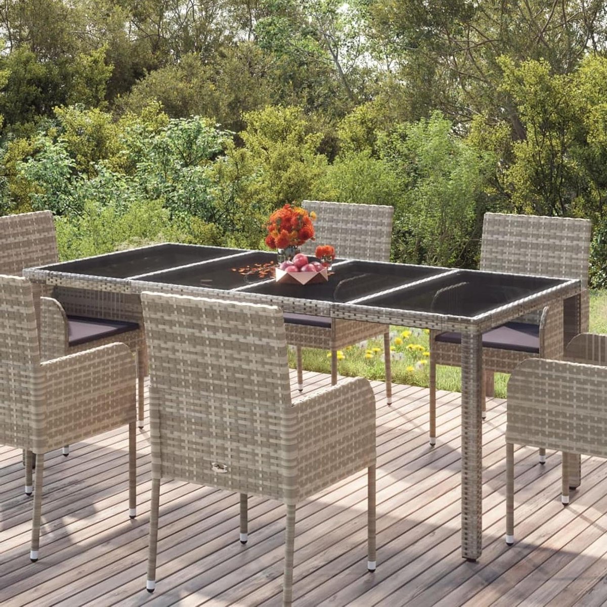 Tuintafel met glasplaat - Terrastafel Buitentafel - Buiten Eten - Waterbestendig Polyrotan - 190 x 90 x 75 cm - Grijs