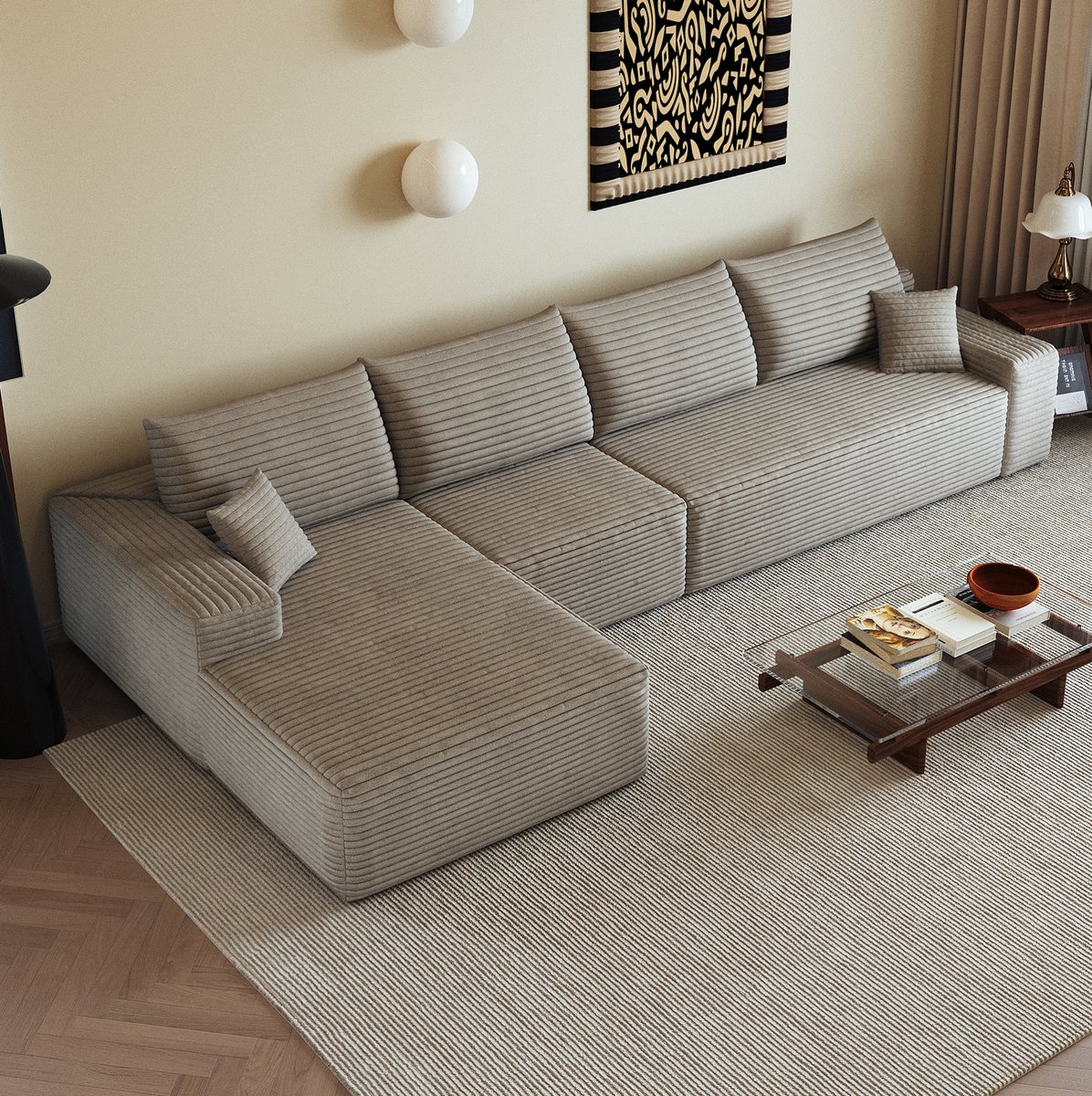 MIVRAY Hoekbank 340 Cm - Modulaire Bank Met L-Vormige Chaise Longue En Diepe Zit - Voor Woonkamer En Slaapkamer - Ribstof Camel