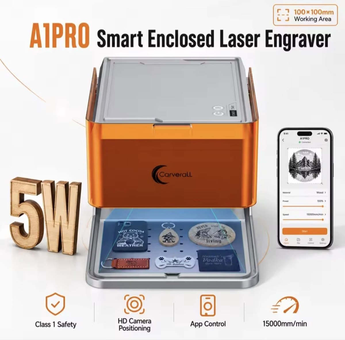 Laser Graveermachine A1PRO - Laser Cutter - 5W - Lasergraveermachine Klasse 1 - Met HD Camera - Graveren - Display - WiFi App - 100 x 100 mm - Laser Snijmachine - Bedienbaar Met APP
