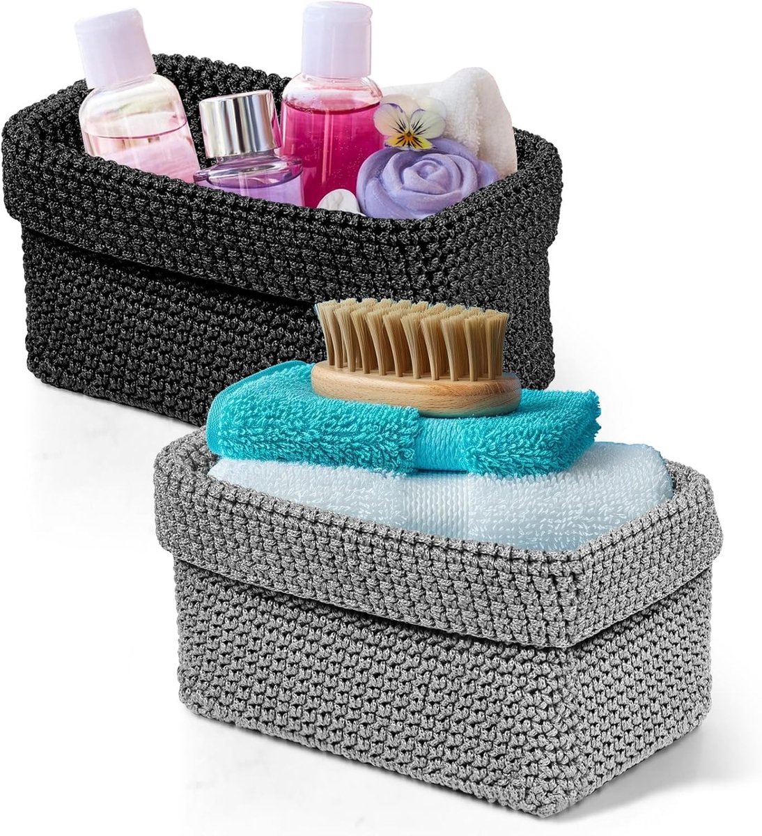 Set van 2 Gevlochten Opbergmanden Stapelbare Mandjes voor Kleine Voorwerpen en Cosmetica 22 x 12 x 11 cm