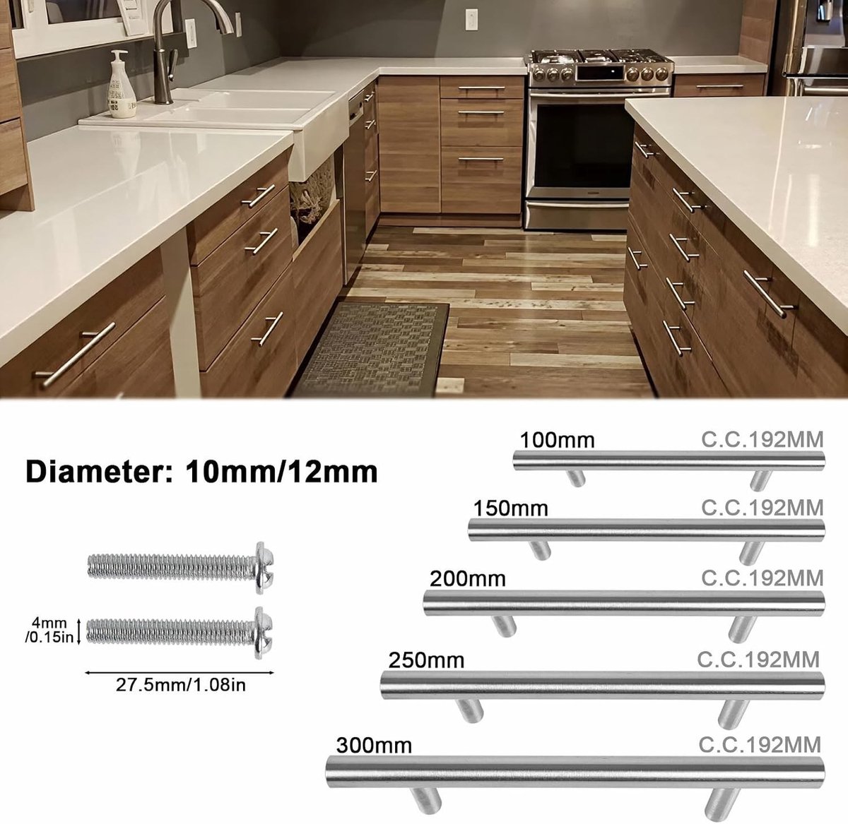 Roestvrijstalen T-bar handgrepen voor keukenkasten, lades en meubels - 150mm, modern design, duurzame kwaliteit