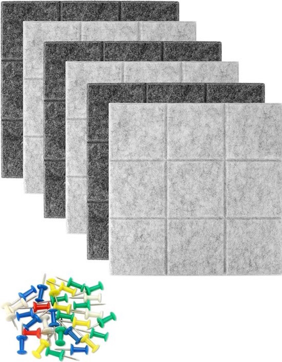 6-delige vilten prikbordset met 30 pins, zelfklevend, 30x30cm voor kantoor, keuken en school