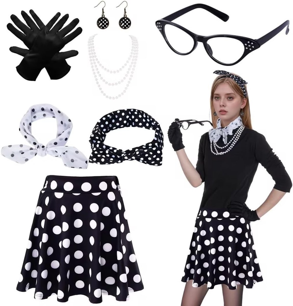 Retro 50s Kostuumset voor Vrouwen met Hoge Taille Mini Rok, Polka Dot Haarband, Cat Eye Bril en Rood Chiffon Sjaal voor Motorkleding en Feestjes