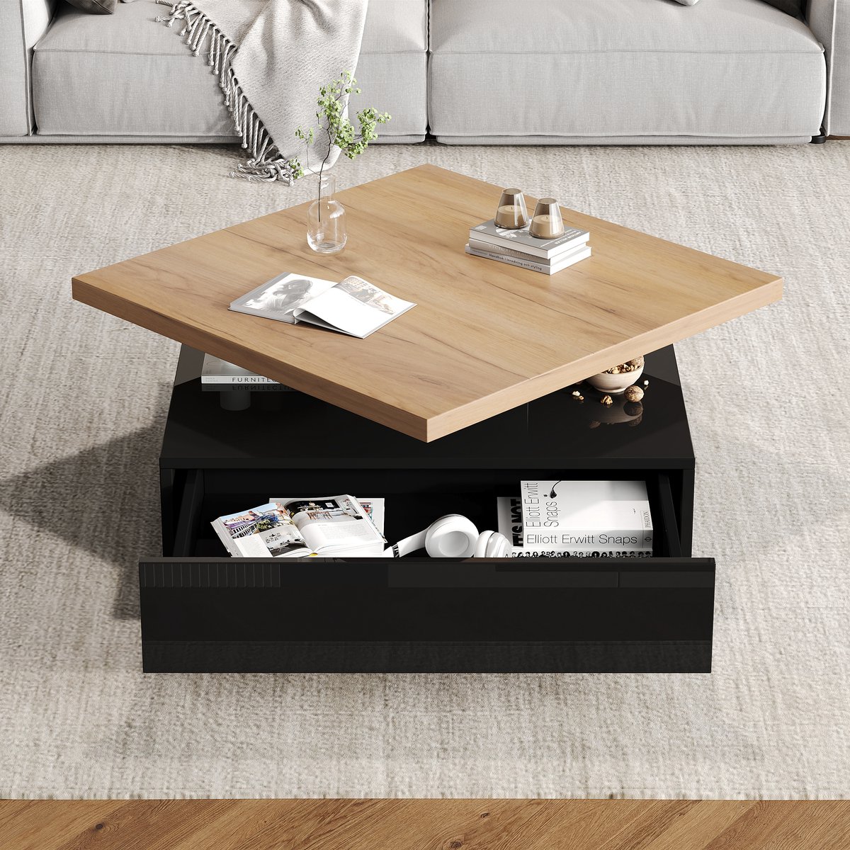 FloraGrace Salontafel - 360 Graden Draaibaar Met Verborgen Opberglade - Voor Woonkamer En Lounge - Spaanplaat - 70x70x36 Cm - Zwart Walnoot