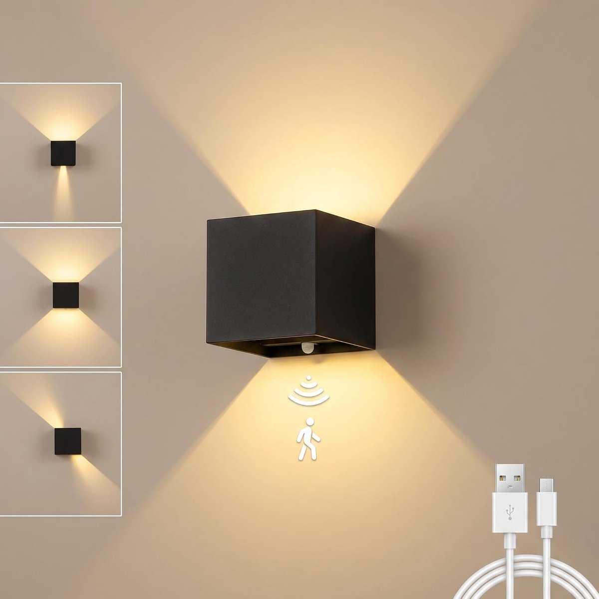 Oplaadbare Wandlamp Set van 2 – Draadloos – Bewegingssensor – 3 Lichtkleuren – Dimbaar – Magnetisch – USB-C – Zwart