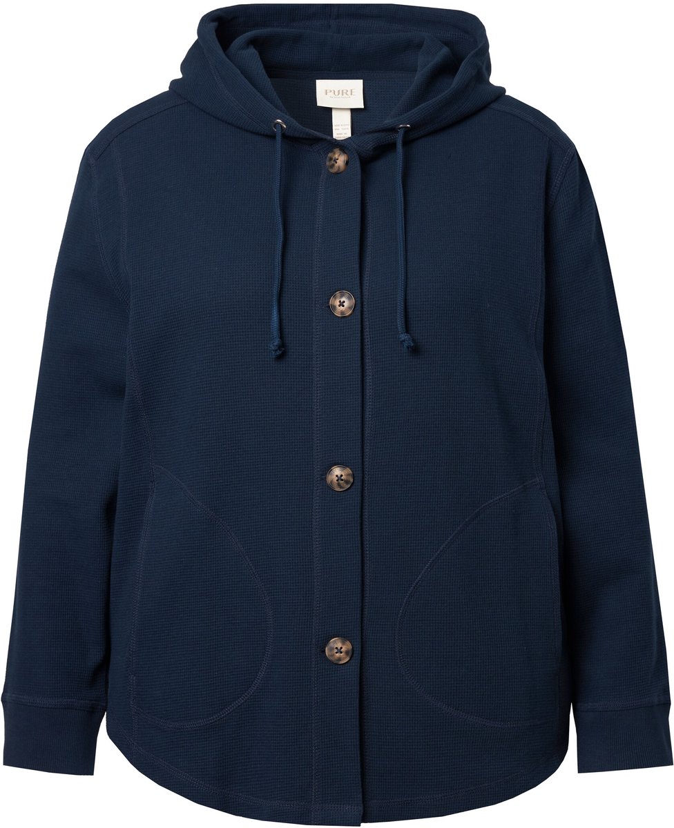 Ulla Popken - Dames - Sweatjack wafelstructuur capuchon biologisch katoen - Marine - Maat 50+