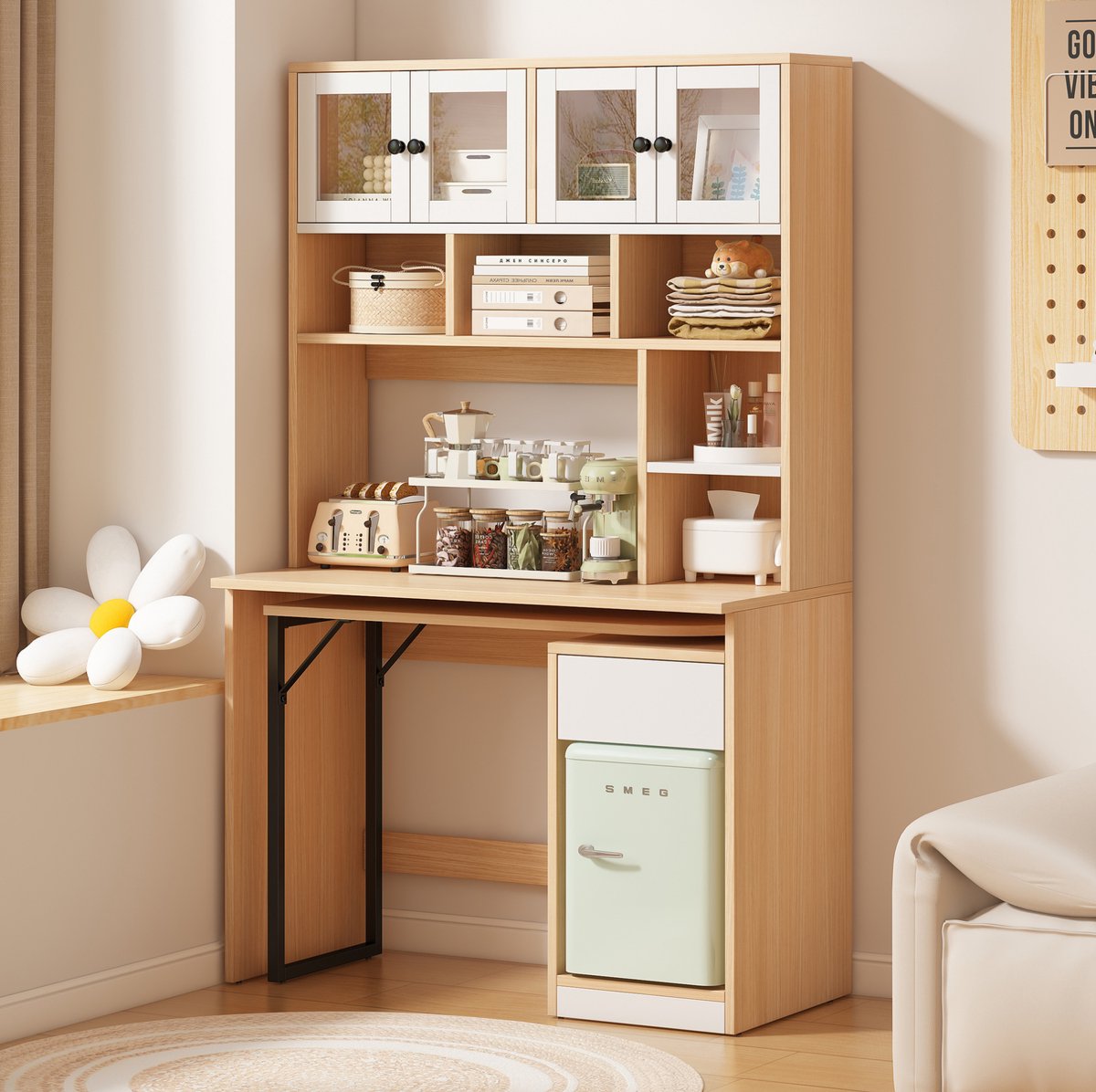 STILVORA Bureau Met Opbergkast - Draaibaar Werkblad En Grote Opbergruimte - Voor Werkkamer En Woonruimte - MDF - 110x55x180 Cm - Wit;Natuurlijk