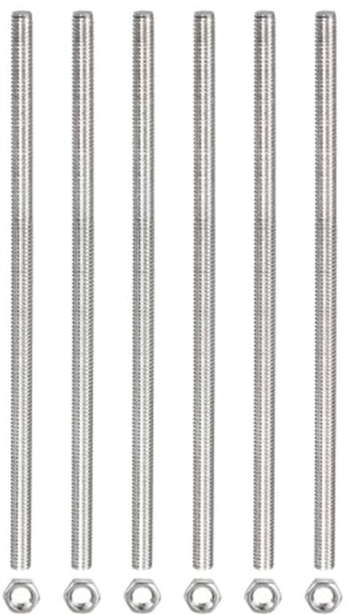 Draadstang Compleet (met 6 Zeskantmoeren), RVS Draadbouten [voor Bevestiging Beveiliging] - M3 x 300 mm, 0.5 mm Hellingsgraad / Zilver / Verpakking van 6