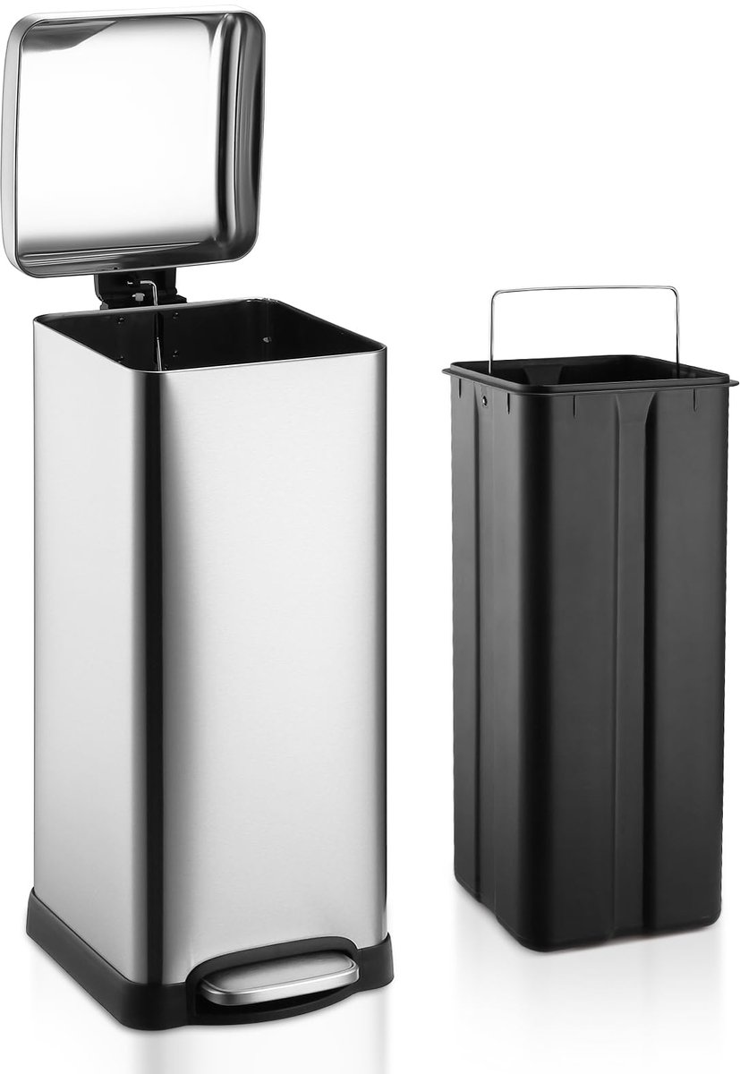 Roestvrijstalen Prullenbak 30 Liter - Olie-afgedichte Afvalemmer met Deksel voor Keuken - Compacte Stalen Vuilnisbak 34x28x68 cm - Grote Huishoudelijke Afvalbak