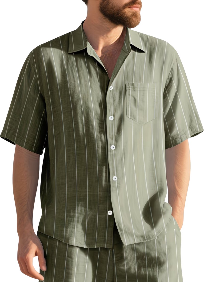 Currero Linnen Blouse Heren T Shirt Polo Overhemd Shirt Zomer Ibiza Stijl Varengroen