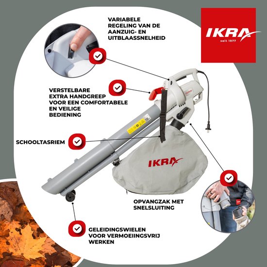 IKRA elektrische bladzuiger en bladblazer IBV 3000, 3-in-1 functie, blaassnelheid tot 240 km/u van IKRA — afbeelding 4