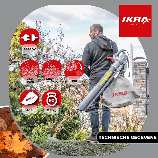 IKRA elektrische bladzuiger en bladblazer IBV 3000, 3-in-1 functie, blaassnelheid tot 240 km/u van IKRA — afbeelding 2