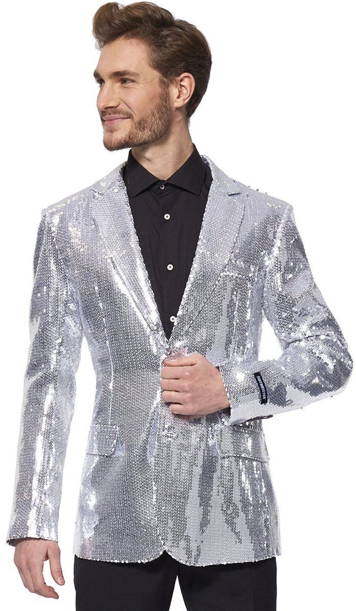 Suitmeister Sequins Zilver - Heren Blazer - Kerst - Oud en Nieuw - Glimmende Pailletten - Toppers Outfit - Zilver Jasje - Maat M