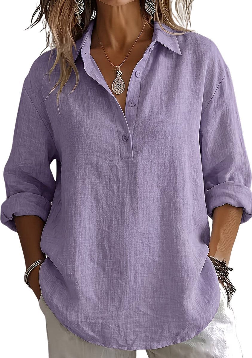 Currero Linnen Blouse Dames T-Shirt Polo Overhemd Shirt Zomer Ibiza Stijl Lichtpaars