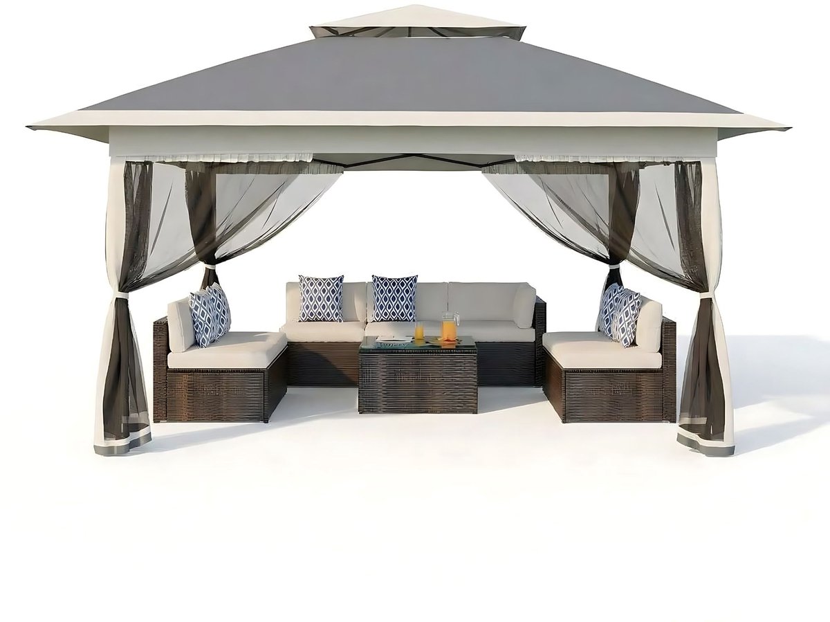 Gazebo - 300x300 cm, draagbaar, waterdicht, UV50+, hoogte verstelbaar, 4 afneembare muskietennetten - voor patio of tuin - Grijs